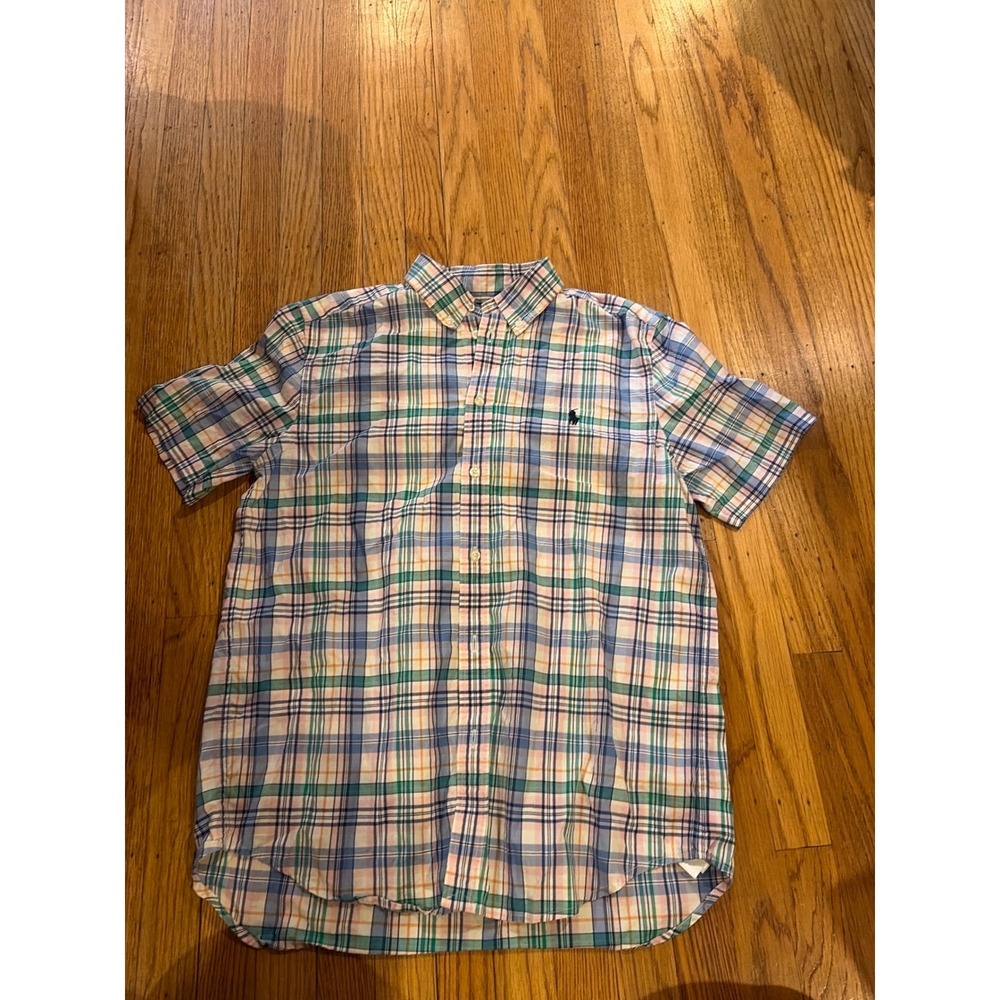 Ralph Lauren Boys XL 18-20 Plaid Short Sleeve Button Down Shirt Natural Stretch